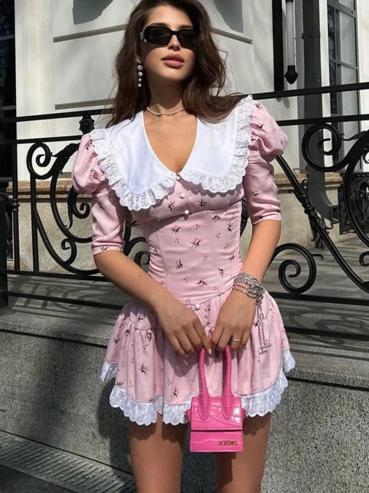 Lace Bodycon Doll Mini Dress Pink