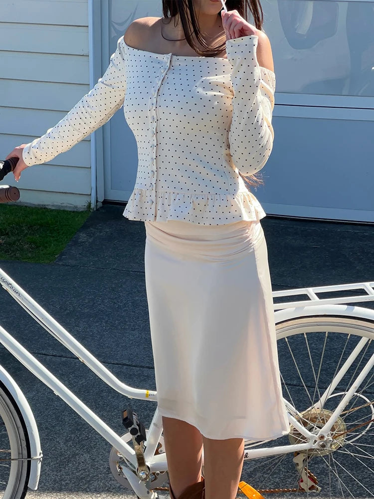 White Polka Dot Off Shoulder Long Sleeve Top