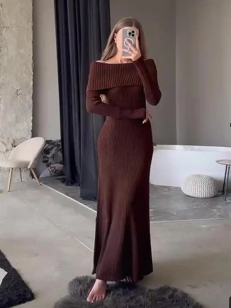 Knit Long Dress Off-Shoulder Ribbed Loose High Waist Dress Ladies Knit Maxi Dress