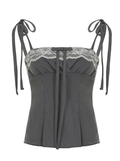 Gray Lace Bow Slim Top