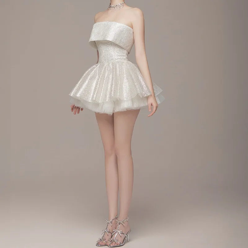 Strapless Shiny Dress White Backless A-line Dress Slim