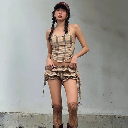 Khaki Plaid Backless Sleeveless Top And Ruffle Shorts Two Piece Set