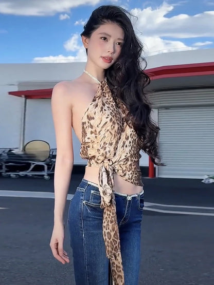 Leopard Backless Halter Tank Top