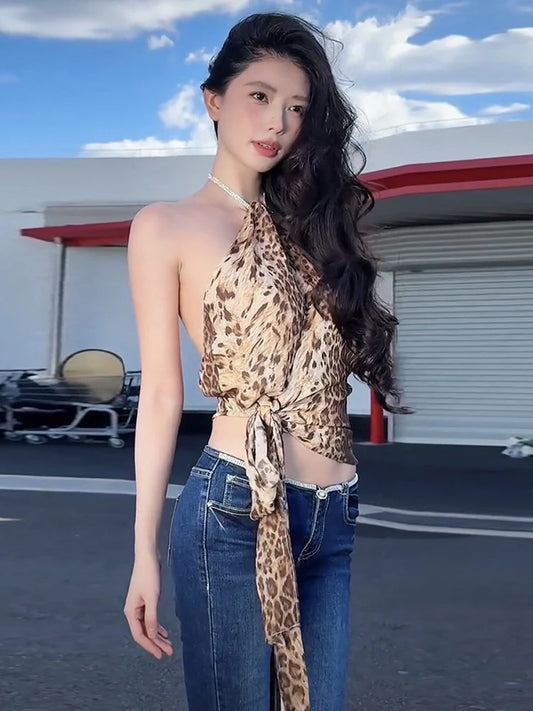 Leopard Backless Halter Tank Top