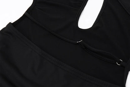 Black Irregular Halter Backless Bodysuit