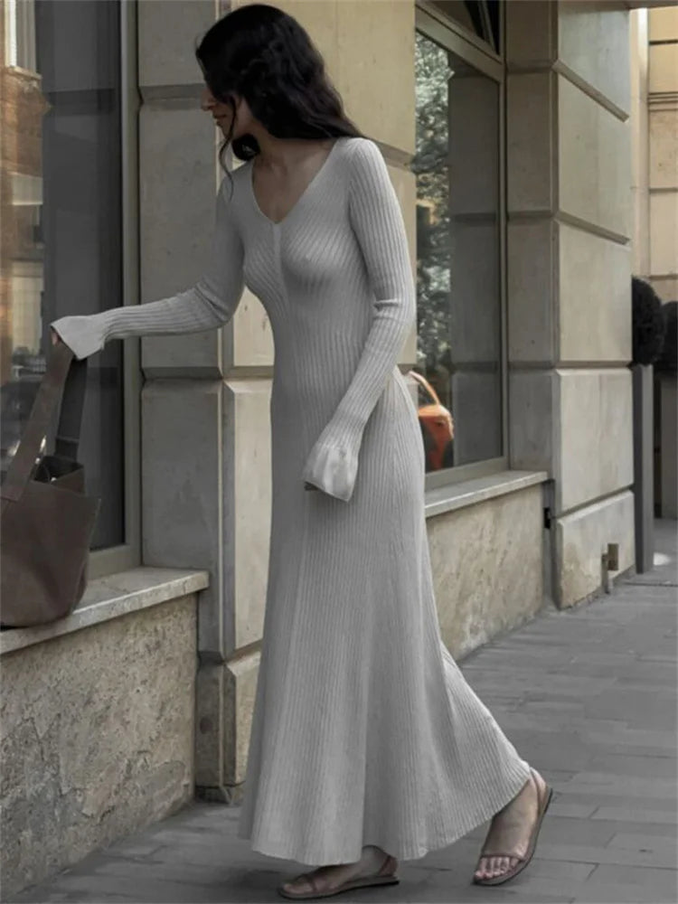 V-Neck Ribbed Knit Dress Patchwork Ruffled Slim High Waist Long Sleeve Bodycon Dress Knit Vintage Maxi Dress