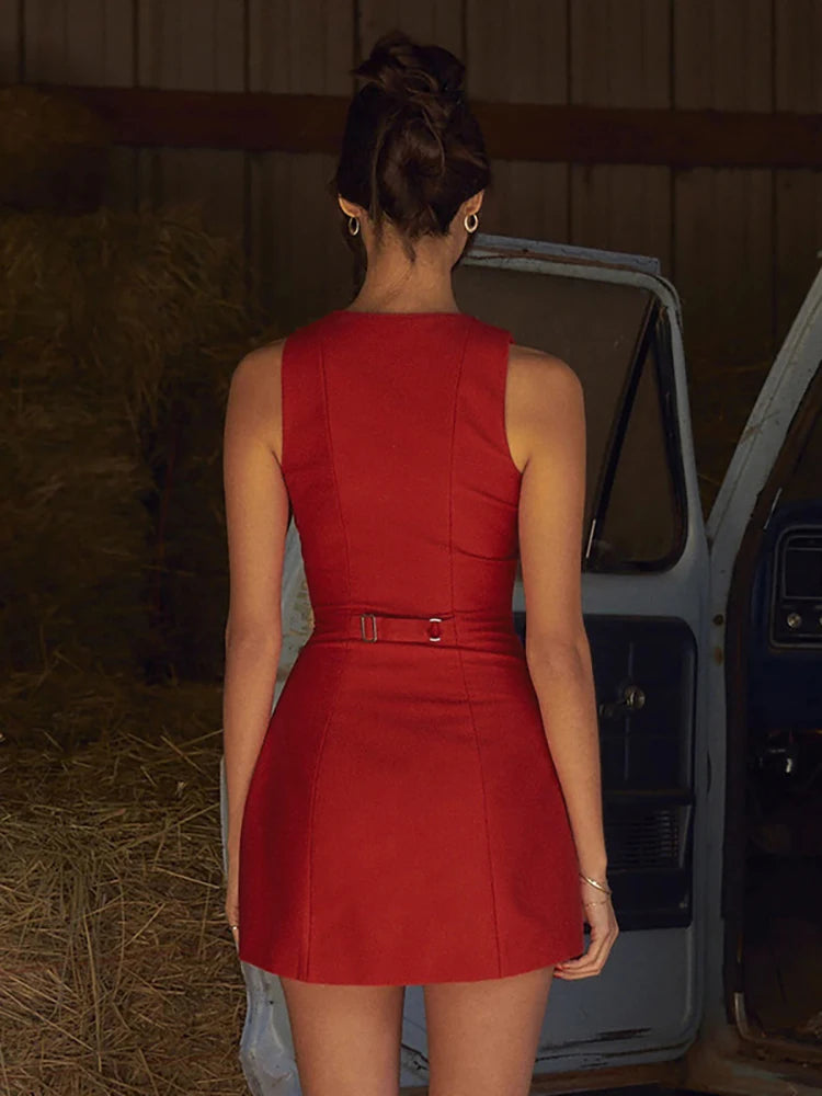 Round Neck Button Mini Dress