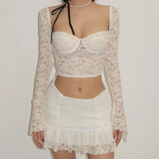 Lace See Through Top and Skirt Set
