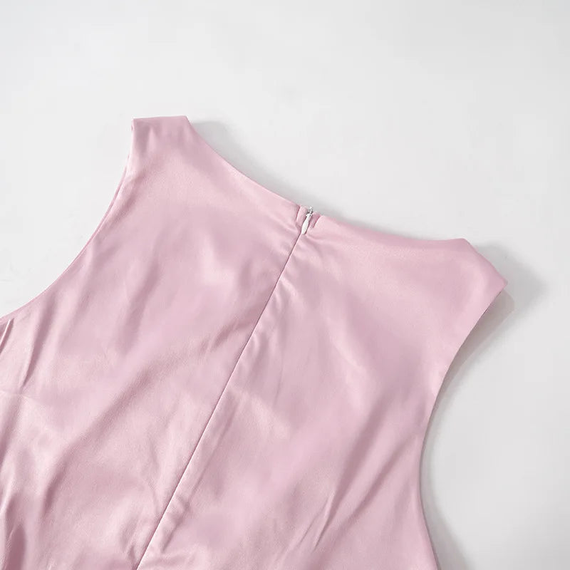 Pink Satin Hollow Out Bow Mini Dress