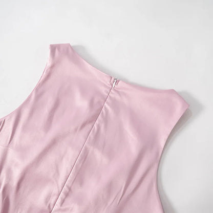 Pink Satin Hollow Out Bow Mini Dress