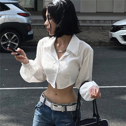 White Puff Long Sleeve V-Neck Crop Top