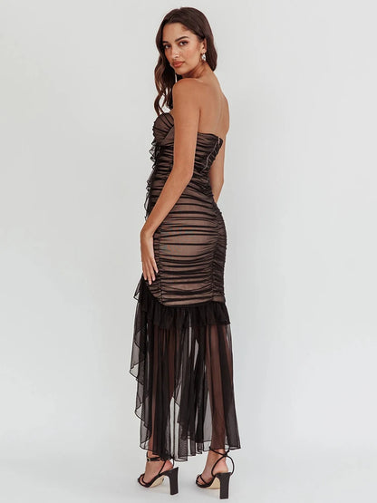 Mesh Patchwork Ruffle Edge Double Layered Bodycon Dress