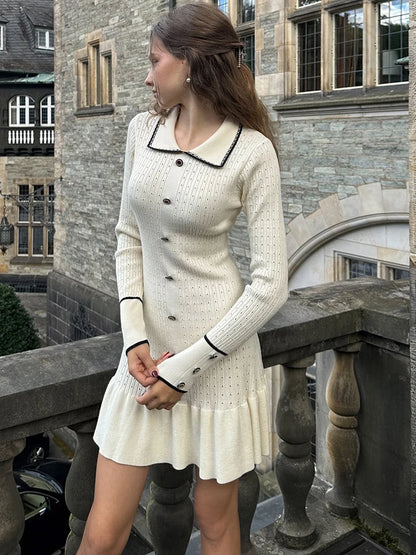 Knitted Turn-Down Collar Button Mini Dress