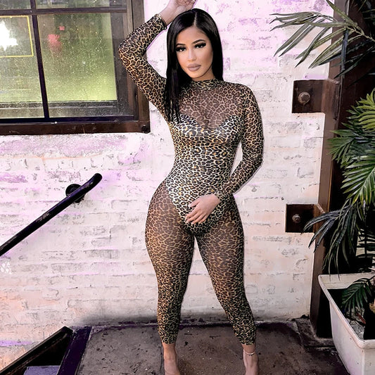 Leopard Slim Long Sleeve Round Neck See Through Slim Jumpuit