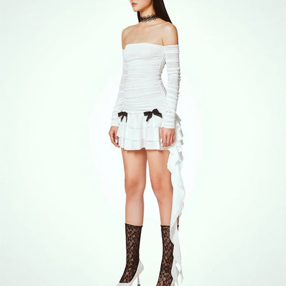 White Ruched Bow Off Shoulder Mini Dress