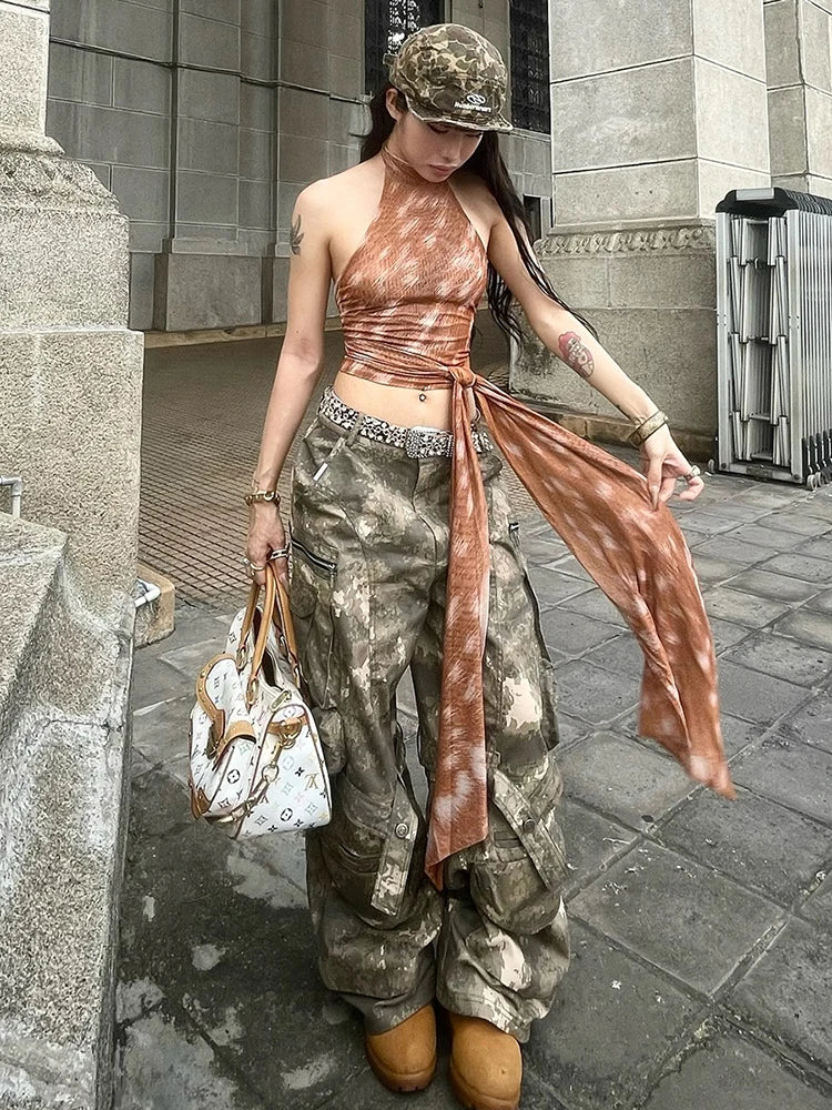 Brown Lace-Up Tassel Top