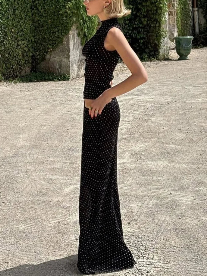 Black Polka Dot Mesh Sheer Top and Long Skirt Two Piece Set