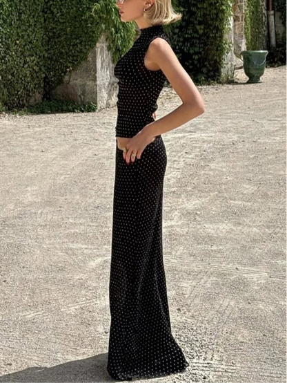 Black Polka Dot Mesh Sheer Top and Long Skirt Two Piece Set