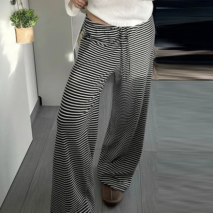 Chic Striped Print Loose Fit Lace-up Trousers