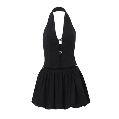 Black Backless Top And Puff Mini Skirt Set