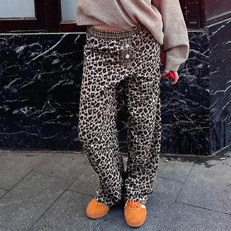 Leopard Patchwork Straight Pant Elatic Wait Trouer Baggy Bottom