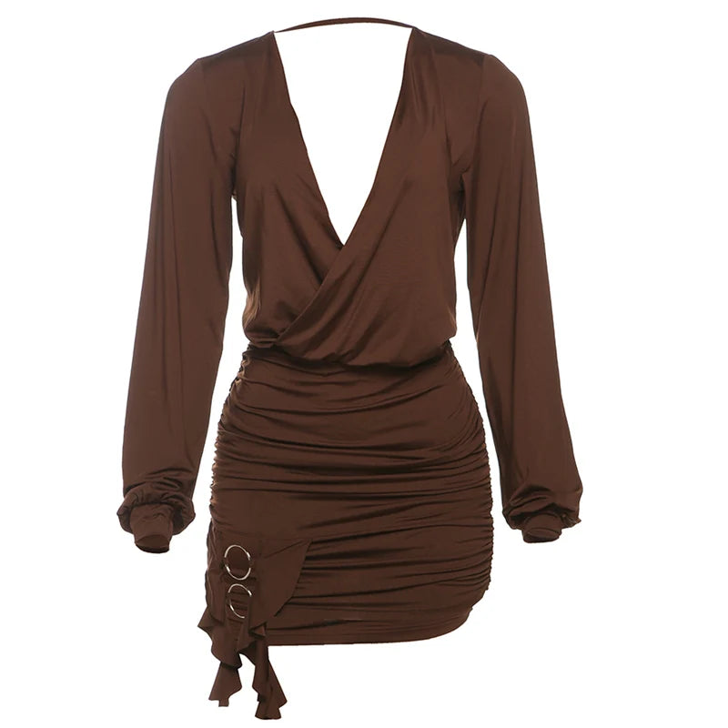 Ruched Backless Dress Deep V-Neck Full Sleeve Rings Patchwork Irregular Hem Mini Bodycon