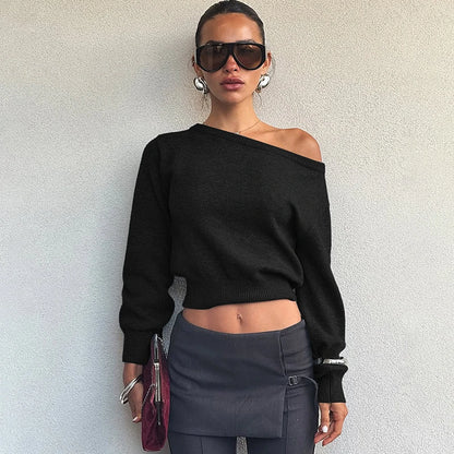 Inclined Shoulder Long Sleeve Slim Sweater