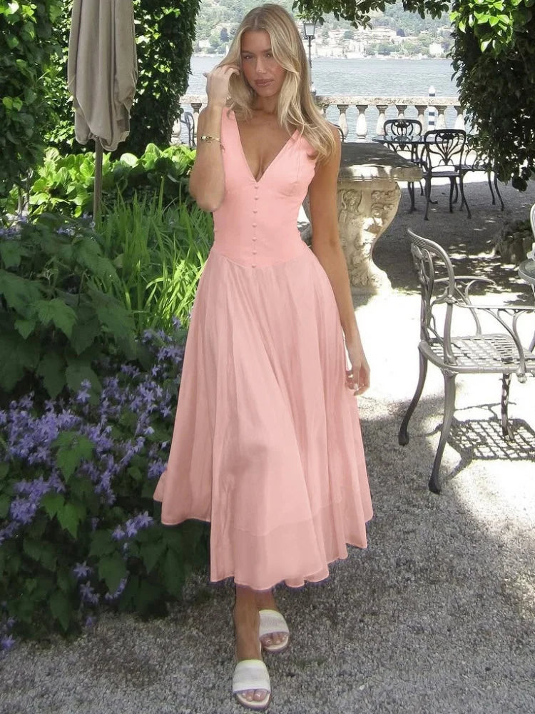 Pink V-Neck Sleeveless Chiffon Patchwork Midi Dress