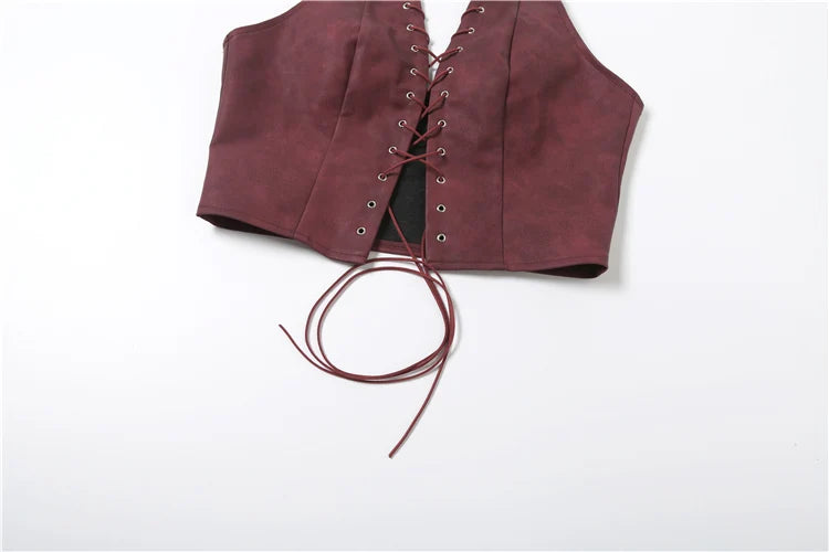 Red PU Sleeveless Halter Backless Top