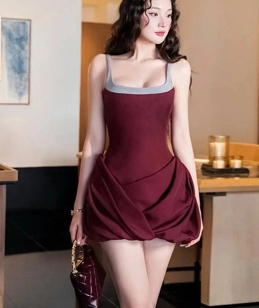 Backless Dress Patchwork Square Collar Sleeveless Ruffles Cross Hem Slim Mini Bodycon