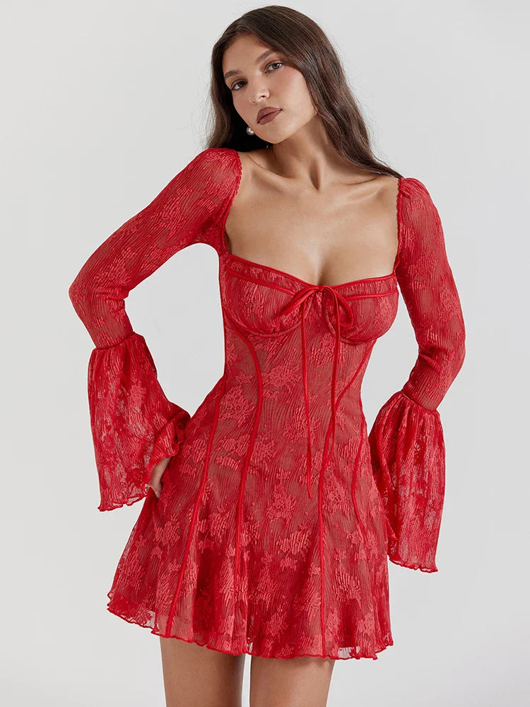 Lace Long Flare Sleeve Maxi Dress Square Collar Backless Bodycon Dress