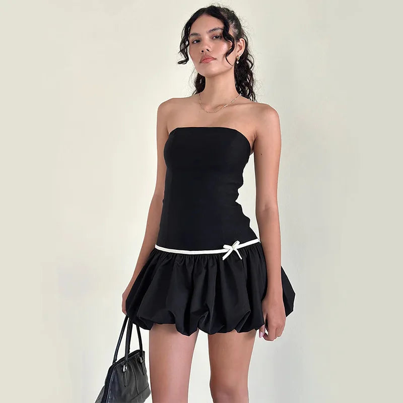 Contrast Strapless Dress Bows Splice Mini Folds Dress Ins Bud Dress