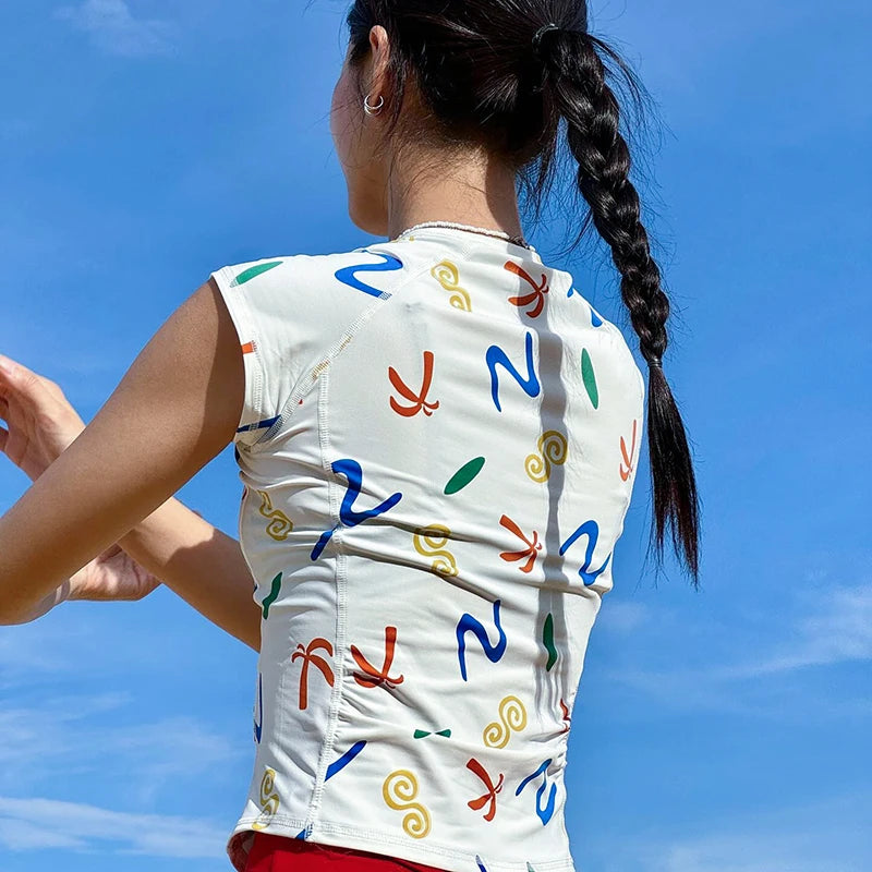 Colorful Printed Half High Neck Slim Short Sleeveless Top Fresh heart