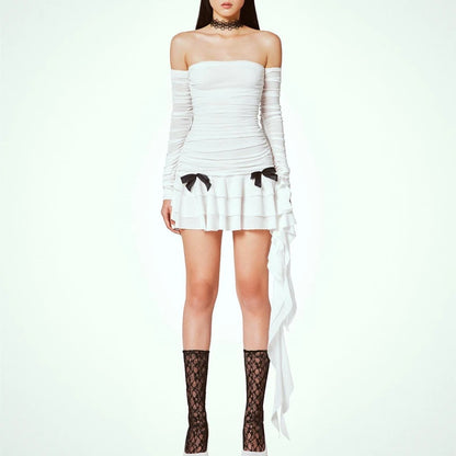 White Ruched Bow Off Shoulder Mini Dress
