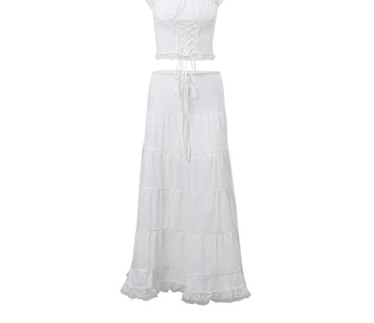 Lace Patchwork Tank Top & Low-Waist Drawstring Skirt Set