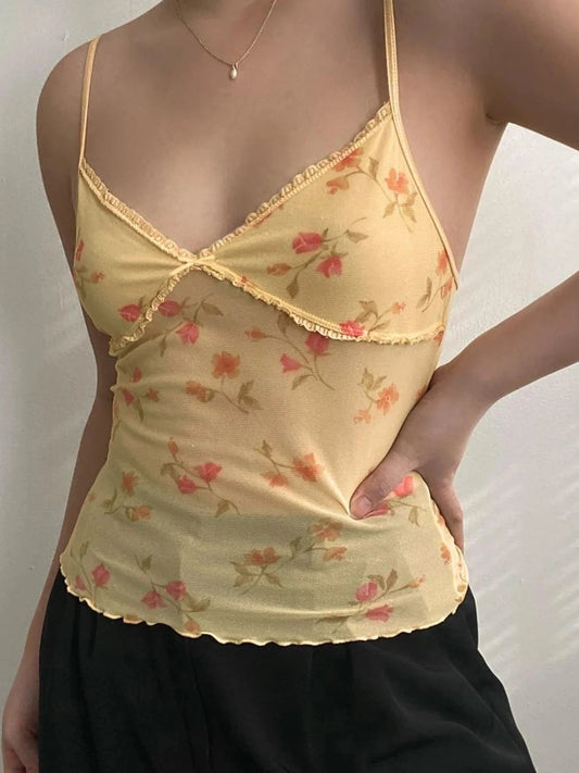 Yellow Floral Mesh See Through Top