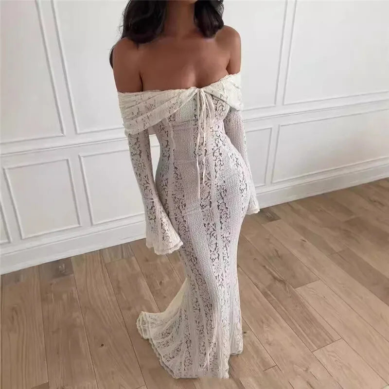 Lace Off-shoulder Maxi Dress Strapless Backless Long Sleeve Bodycon Evening Long Dress
