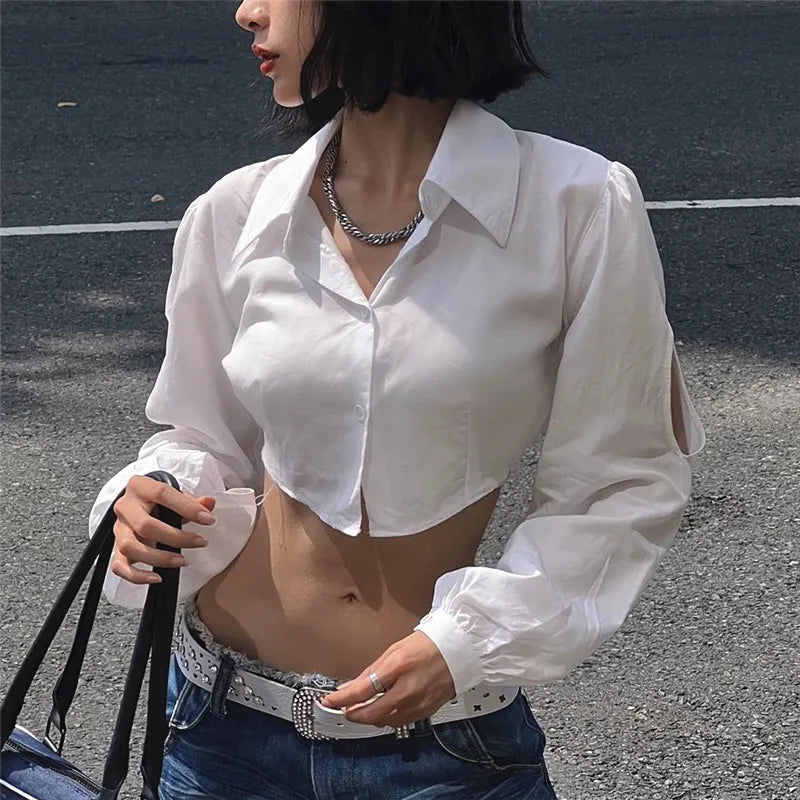 White Puff Long Sleeve V-Neck Crop Top