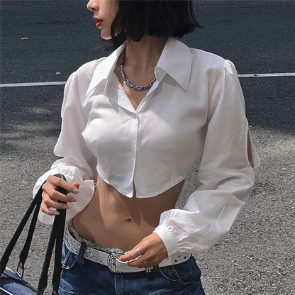 White Puff Long Sleeve V-Neck Crop Top