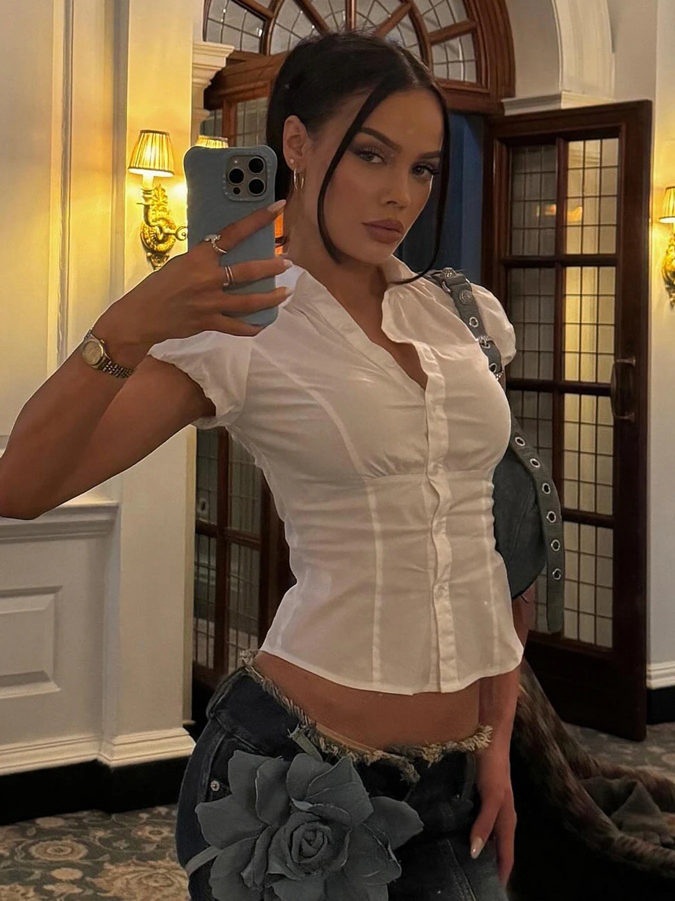 White Crop Blouses Turn-down Neck Shirts Button Up