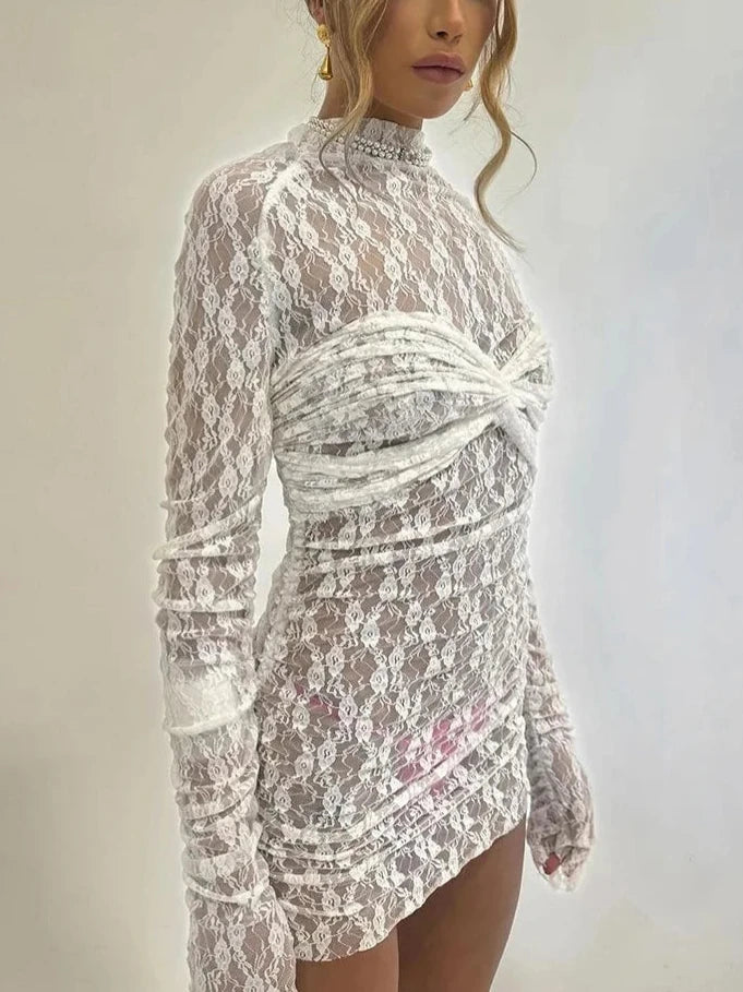 White Lace See Through Mini Dress