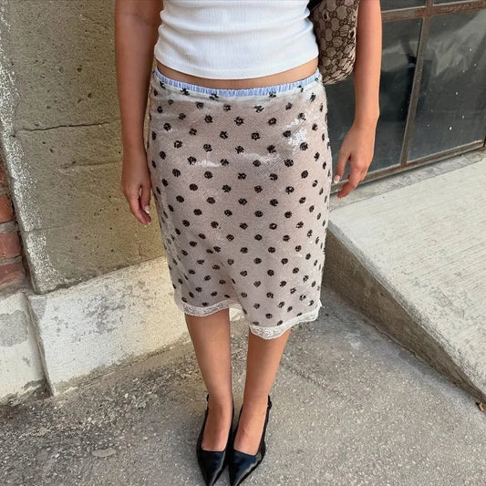 White Polka Dot Low Waist Midi Skirt