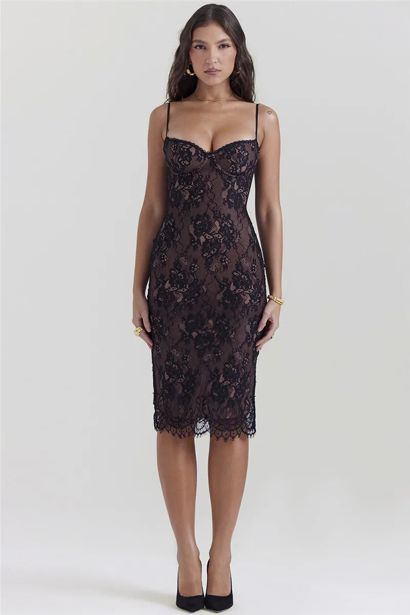 Lace Print Spaghetti Strap Midi Dress