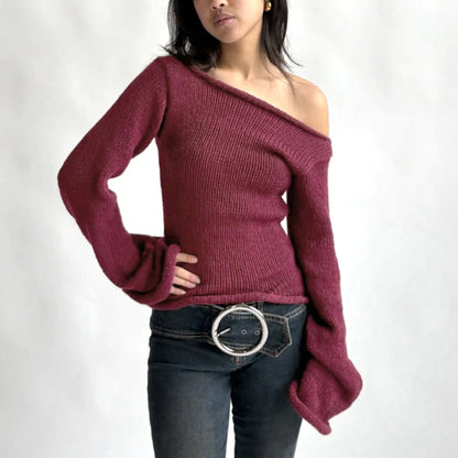 Knit Off Shoulder Slim Long Bell Sleeve Sweater