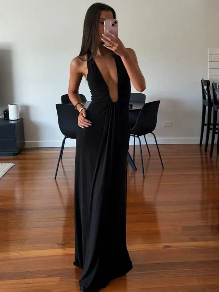 Deep V Neck Halter Long Dress Ruch Ribbon Splice Dress Sleeveless