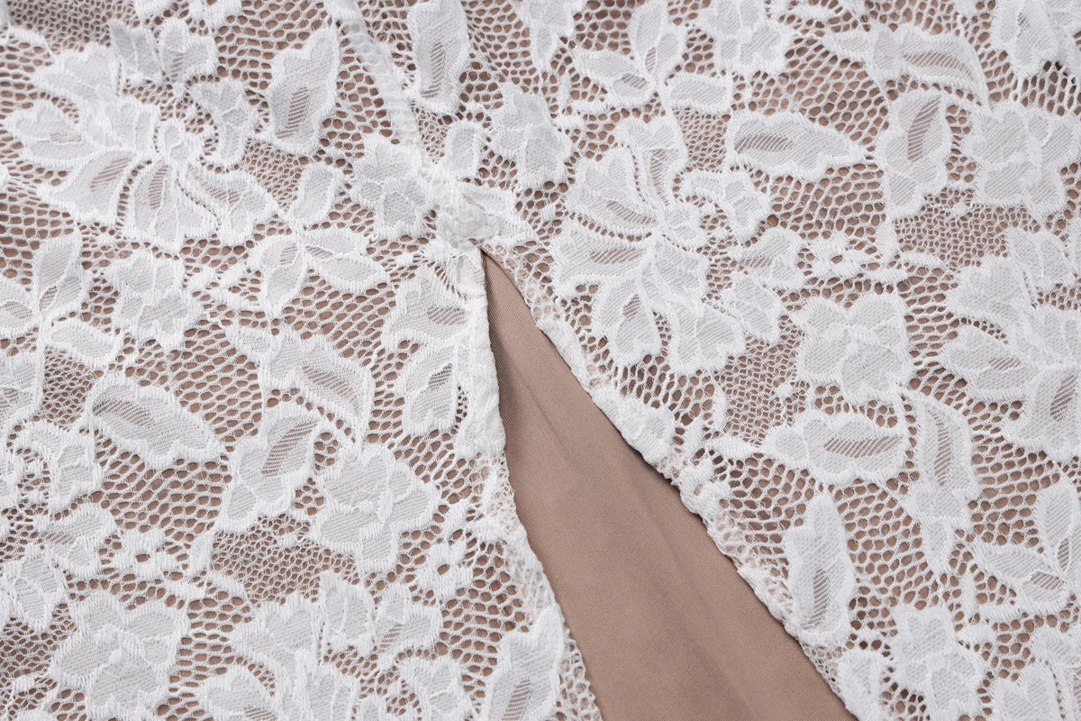 White Floral Backless Mesh Slit Bodycon Maxi Dress