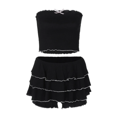 2 Pcs Black Bow Strapless Crop Top & Pleated Skirt Set