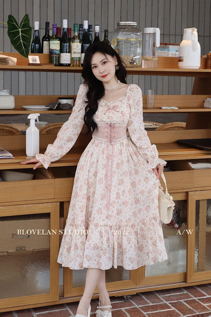 Spring Pink Floral A-Line Dress with Lace Detail