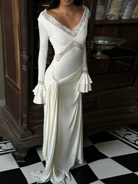 White V-Neck Lace Flare Sleeves Maxi Dress