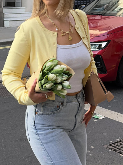 Yellow O-Neck Long Sleeve Cardigan